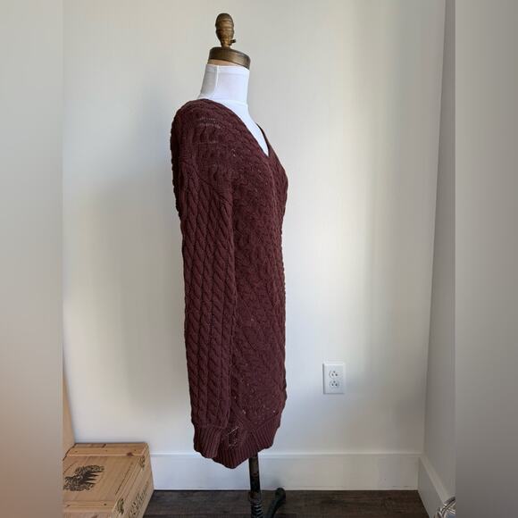 FREE PEOPLE TWISTED REALITY SWEATER MINI DRESS SLOUCHY CABLEKNIT BROWN XS - Picture 3 of 8